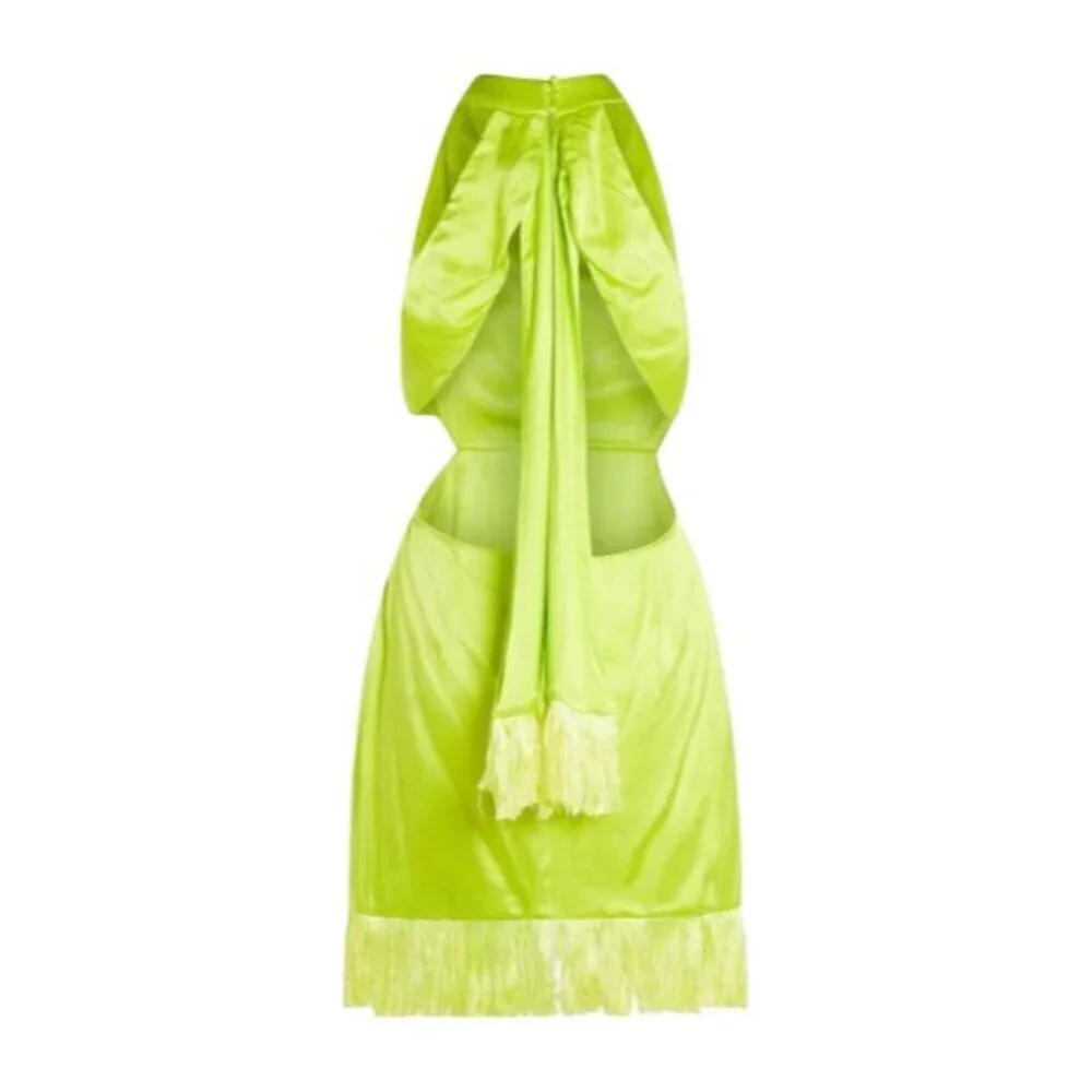 Satin Fringe Cutout XS Elliatt Citrus Leoni Halter Mini Dress In Lime Green - Picture 9 of 13